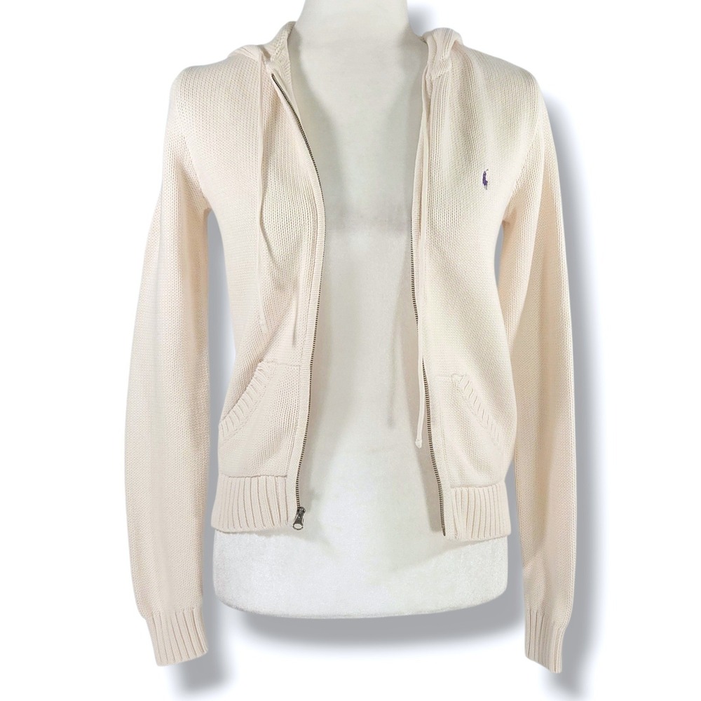 Ralph Lauren Sweater Hoodie Full Zip Pony Logo Cotton Cream M - Picture 3 of 7